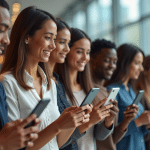 Reconnaître sa forme de visage devient simple grâce à une application gratuite Groupe diversifié utilisant une application de reconnaissance faciale