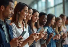 Groupe diversifié utilisant une application de reconnaissance faciale
