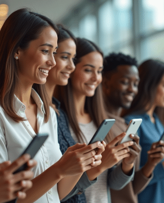 Identifier facilement la forme de son visage avec une application gratuite Groupe diversifié utilisant une application de reconnaissance faciale