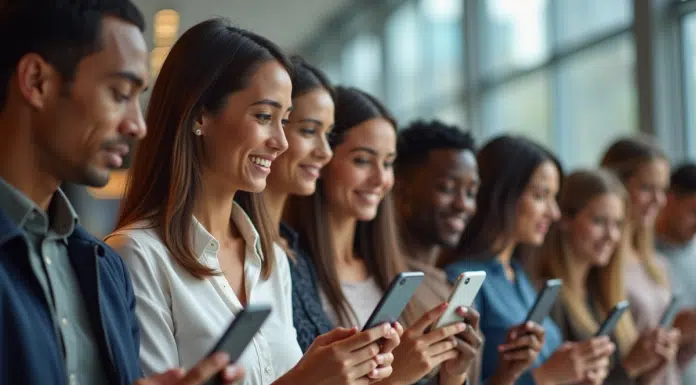 Groupe diversifié utilisant une application de reconnaissance faciale