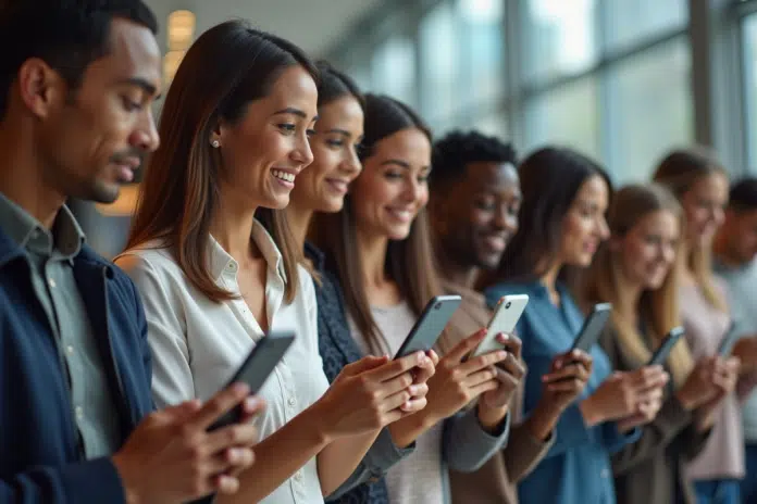 Groupe diversifié utilisant une application de reconnaissance faciale