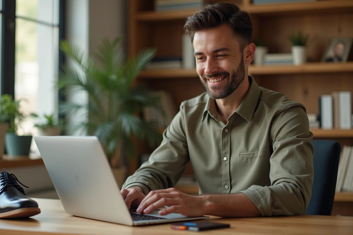 Homme effectuant un achat sécurisé de chaussures Sursell en ligne depuis son bureau à domicile