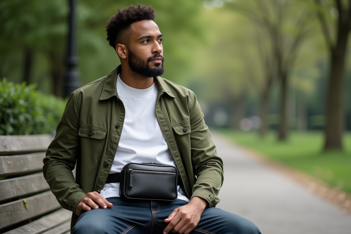Homme avec sac en veganleather dans parc urbain