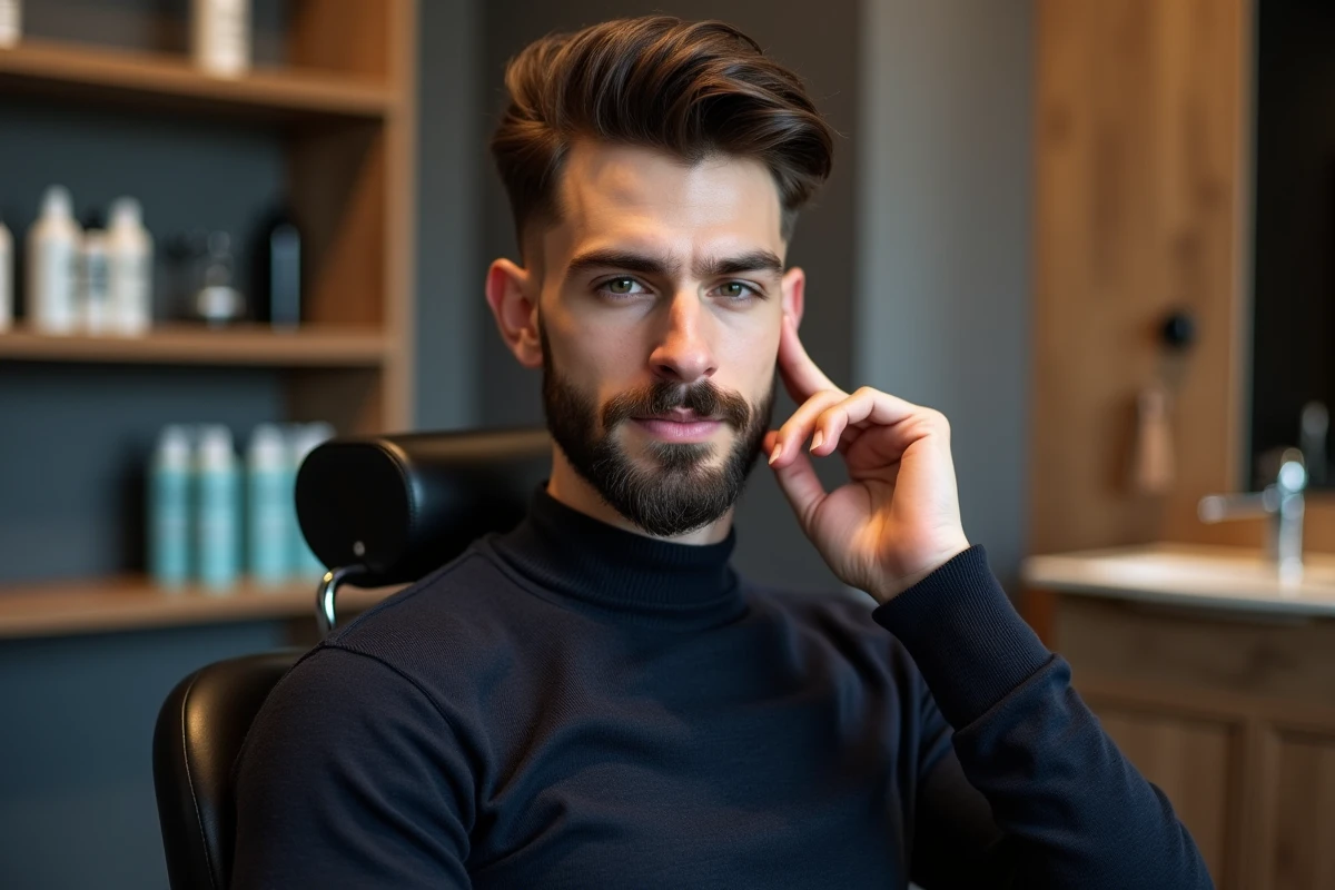 Jeune homme élégant en barbershop avec barbe soignee