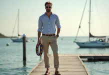Homme élégant sur un pont en bois portant une marinière et chaussures bateau