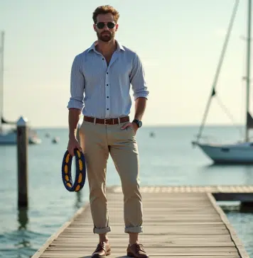 Homme élégant sur un pont en bois portant une marinière et chaussures bateau