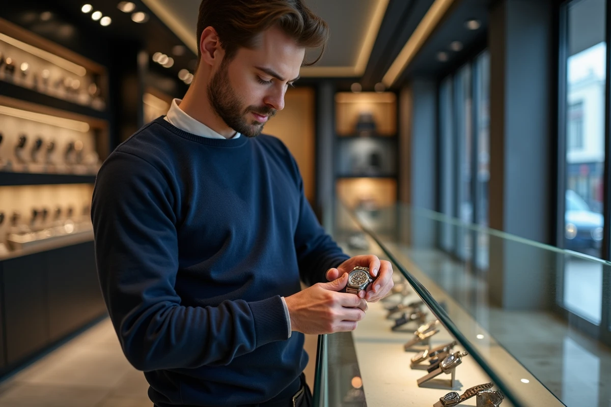 Homme examinant une montre chronographe dans une boutique horlogerie haut de gamme, achat montre de luxe
