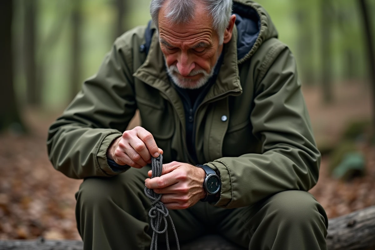 Homme âgé bricolant un bracelet en paracord en forêt