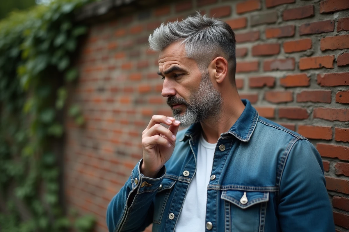 Homme d age avec barbe admire sa coupe en extérieur