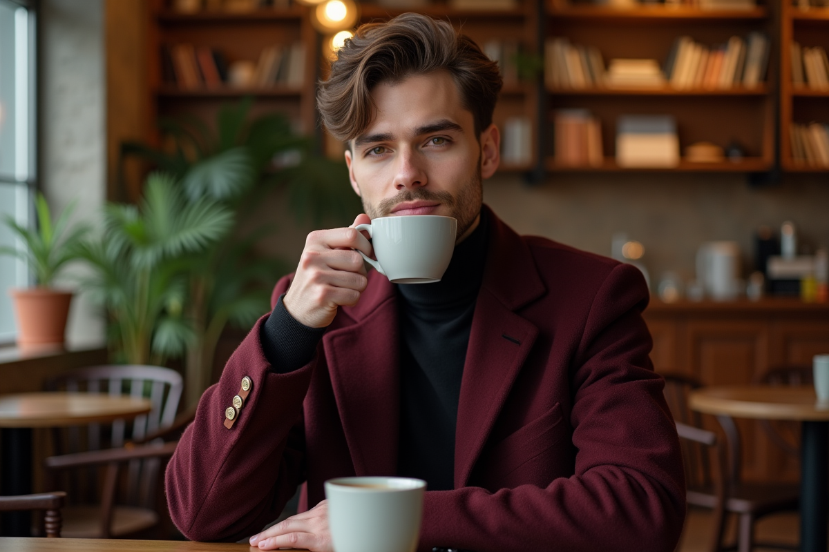 Homme détendu buvant un café dans un café chaleureux