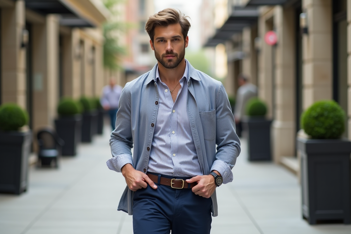 Jeune homme posant en ville avec pantalon chino sans boucle