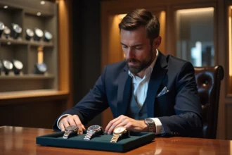 Homme en costume navy compare trois montres de luxe