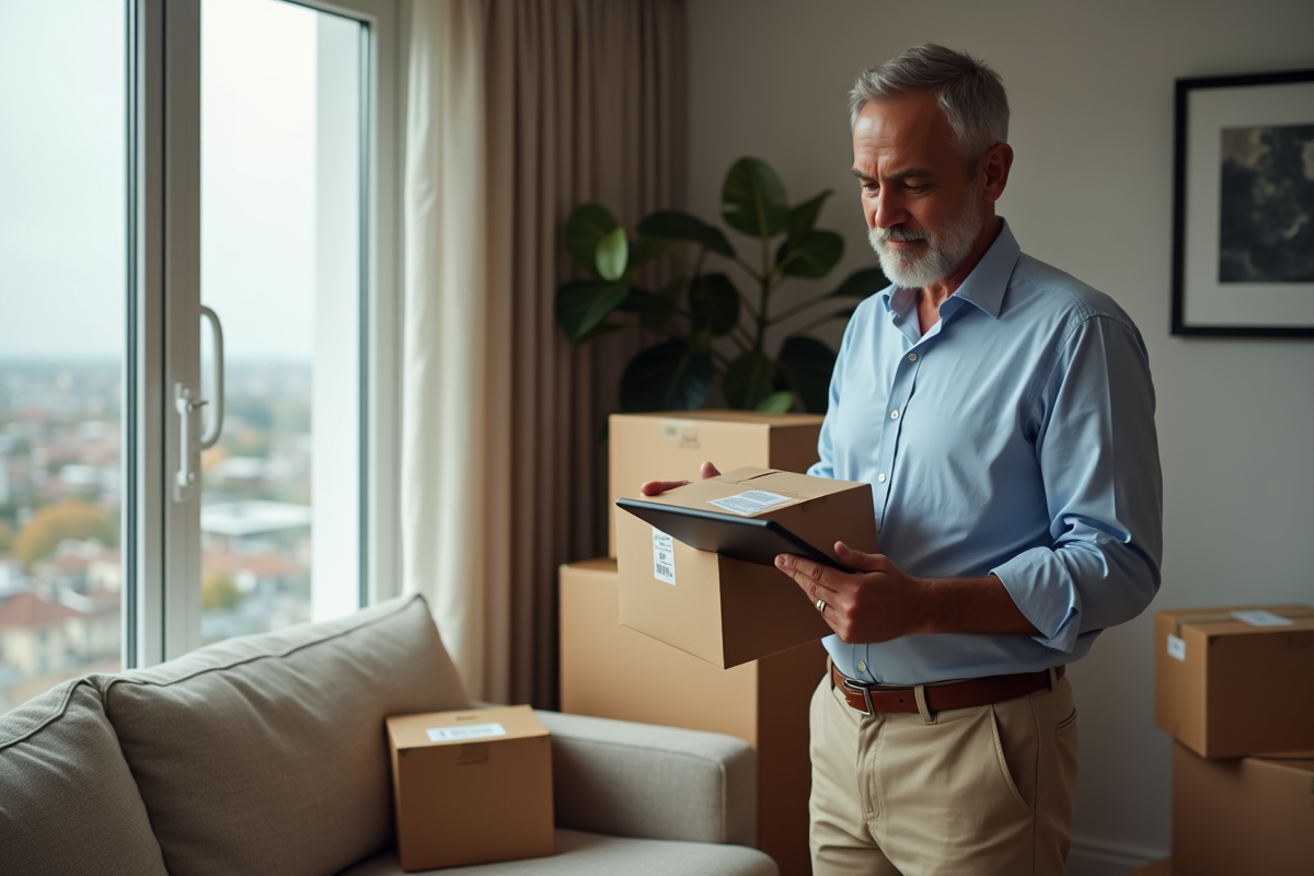 Homme regardant un colis livré dans un salon avec tablette à la main