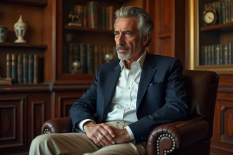 Homme élégant en étude avec livres et trophées d'équitation