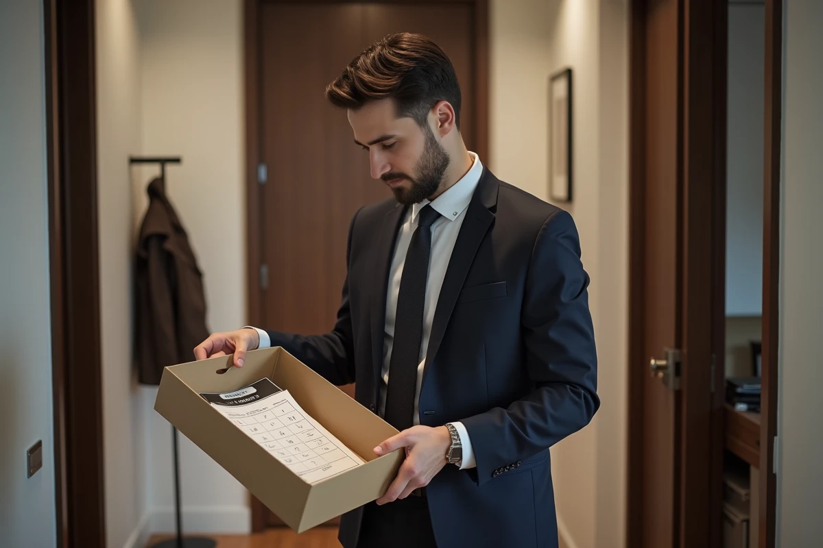 Homme en costume tenant boîte à chaussures et guide de pointure