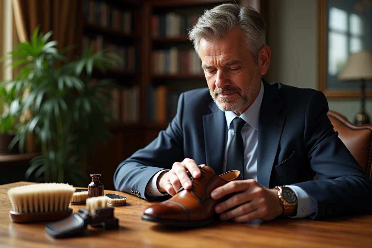 Homme en costume navy inspectant des chaussures en cuir