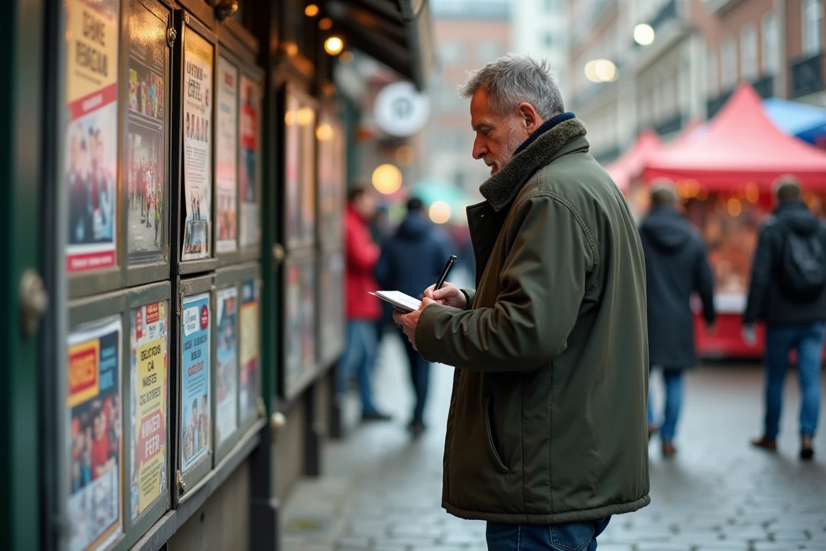 Homme notant dates de marché aux puces en extérieur