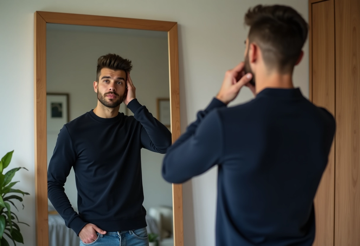 Homme se regardant dans le miroir après une coupe de cheveux