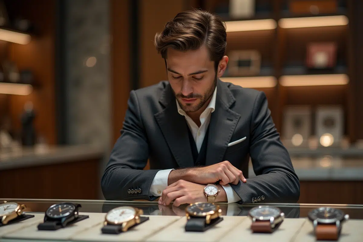 Jeune homme inspectant des montres de luxe en boutique