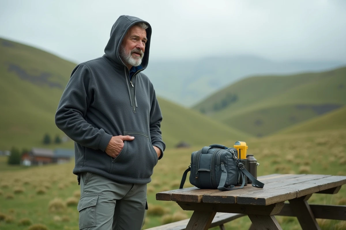 Homme en poncho polaire gris debout à une table de camping en plein air avec équipement de randonnée