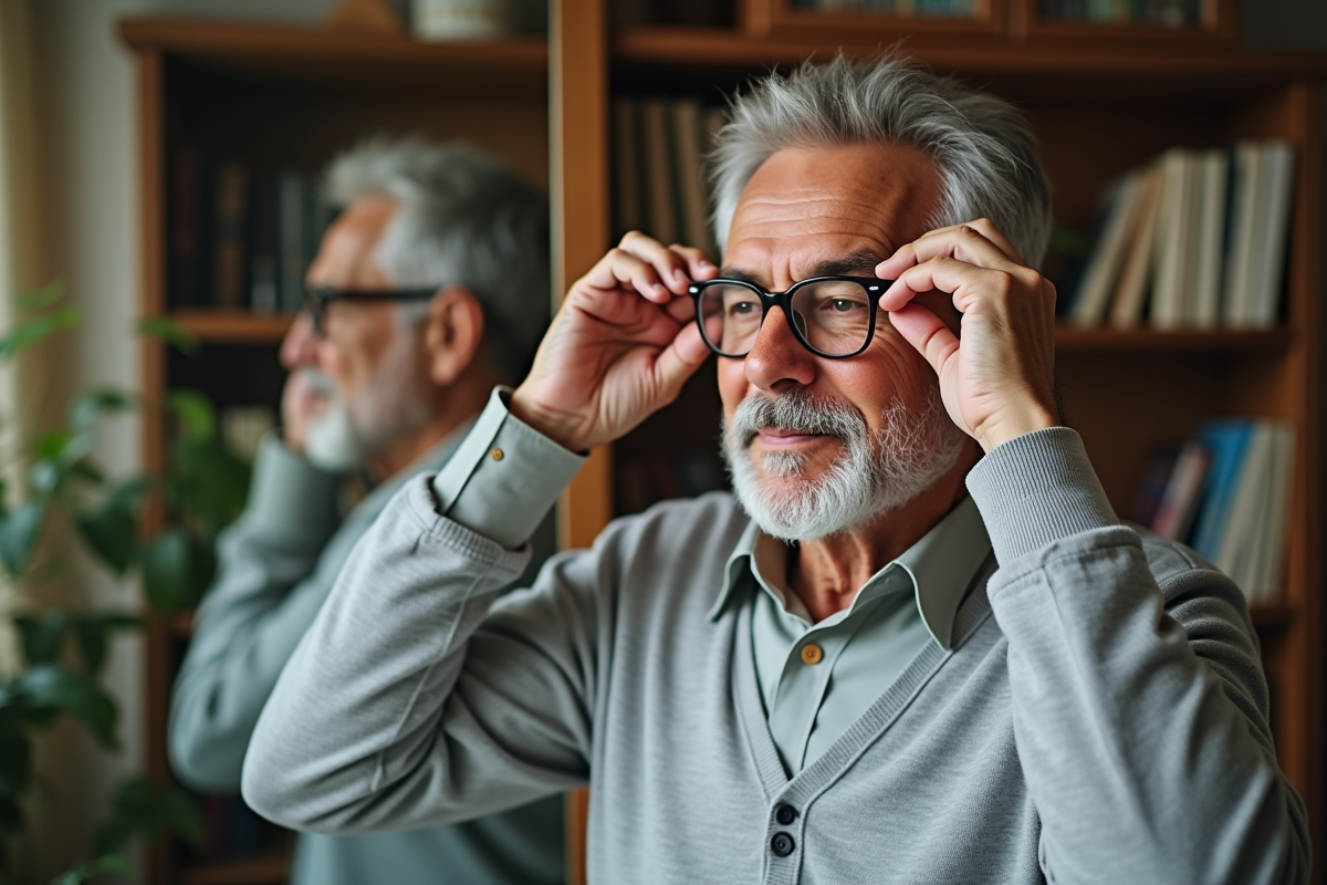 Homme confiant ajustant ses lunettes antiage dans un bureau