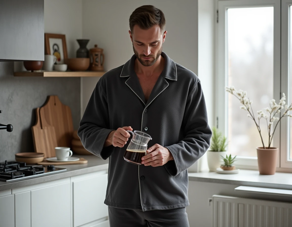 Homme en pyjama pilou pilou gris anthracite versant du café dans une cuisine scandinave moderne en hiver