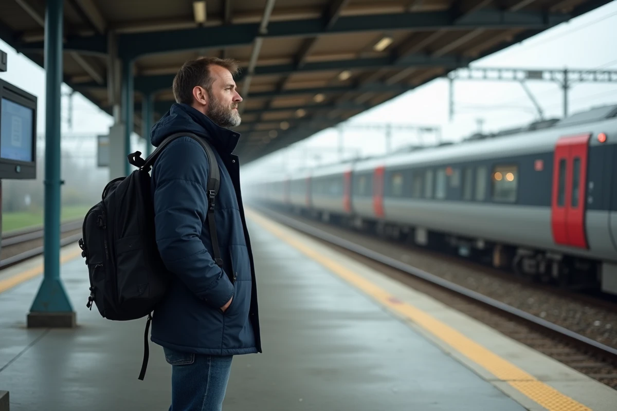 Homme sur le quai de la gare de Givors consultant les horaires de trains régionaux