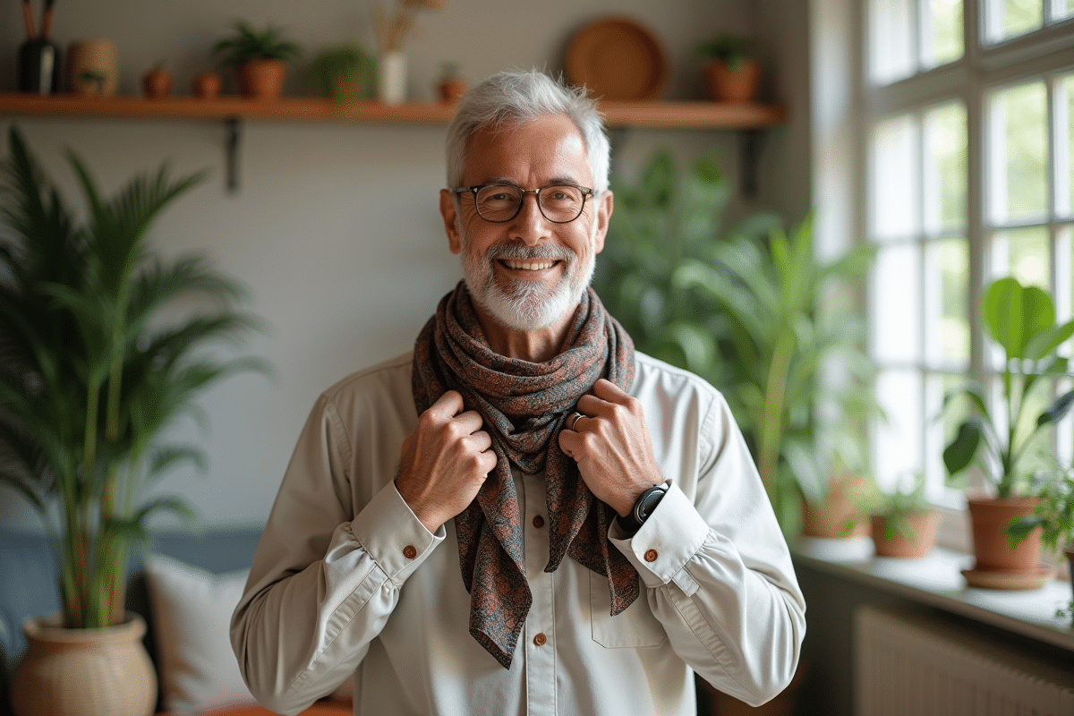 Homme ajustant un foulard en soie dans un salon lumineux