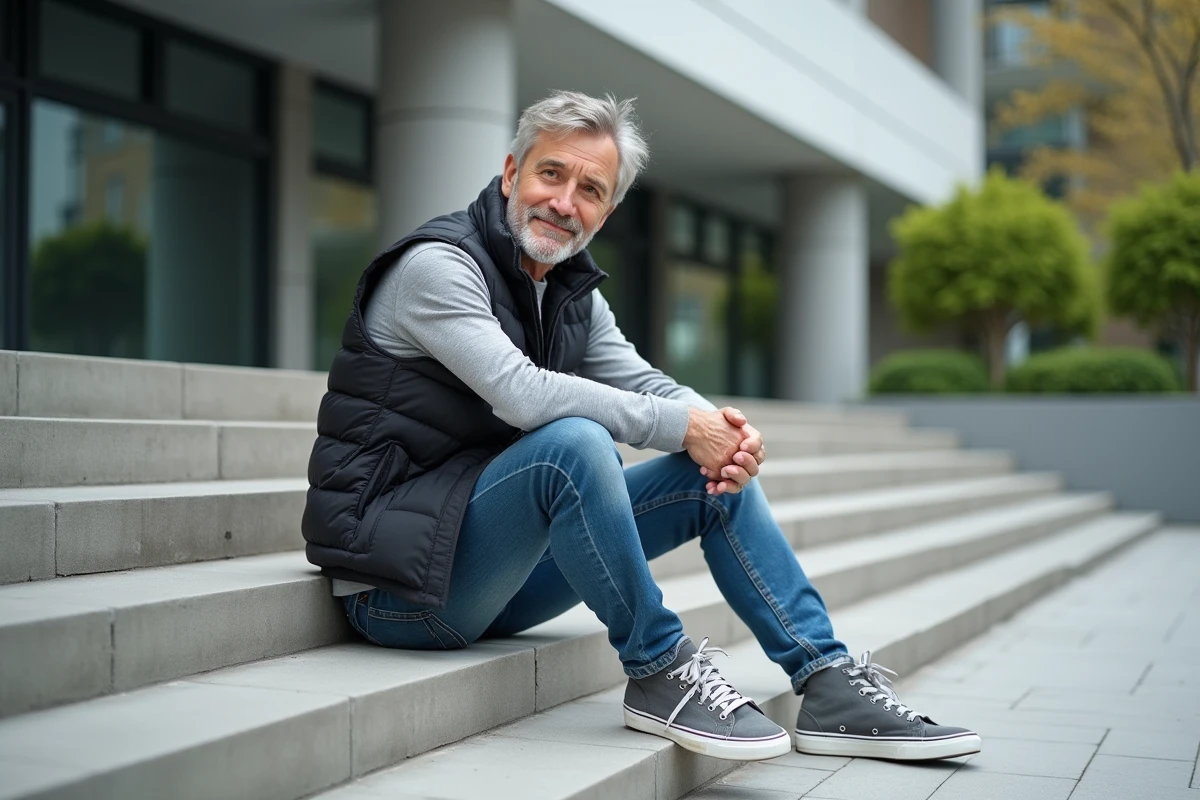 Homme assis sur des marches dans une place moderne avec plantes