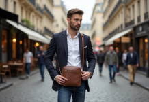 Homme élégant ajustant un sac en cuir à Paris