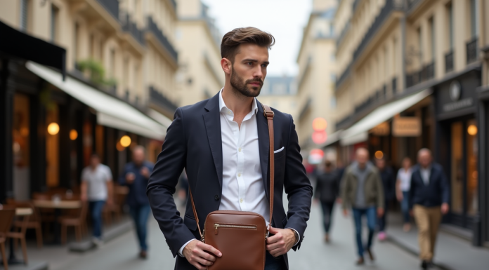 Homme élégant ajustant un sac en cuir à Paris