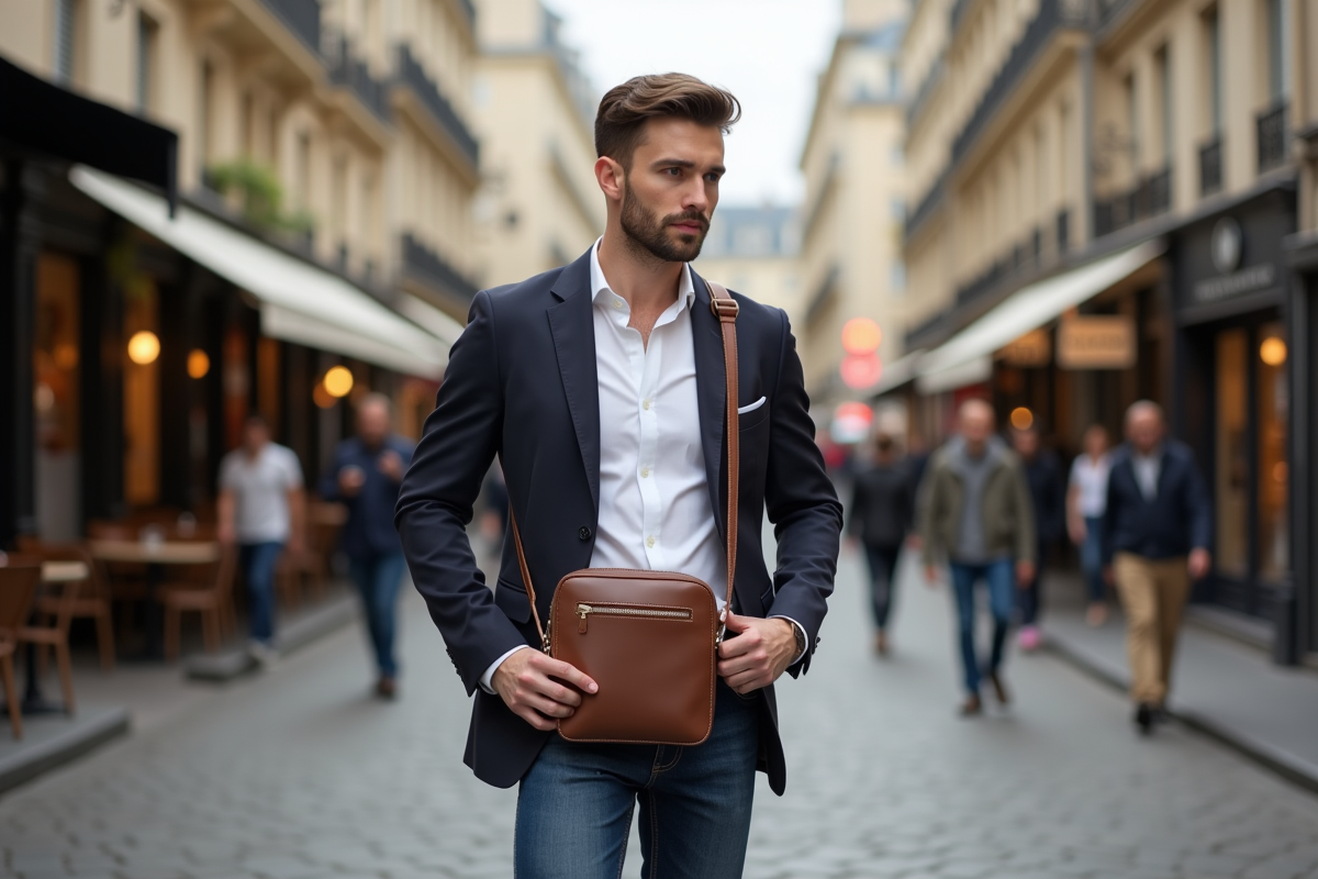 Homme élégant ajustant un sac en cuir à Paris