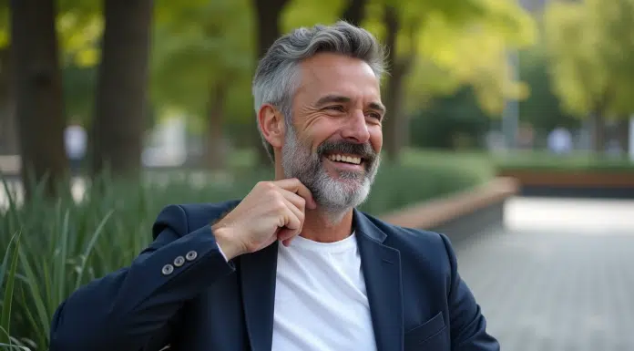 Barbe et vieillissement : comment garder un look jeune et dynamique ? Homme d'âge moyen avec barbe élégante en ville