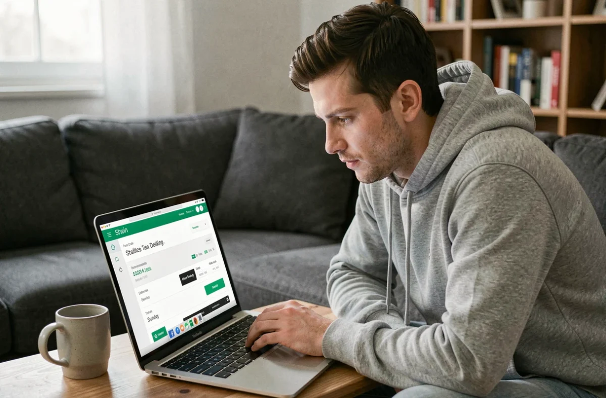 Homme consultant le suivi de commande Shein sur ordinateur portable avec statut de livraison bloqué