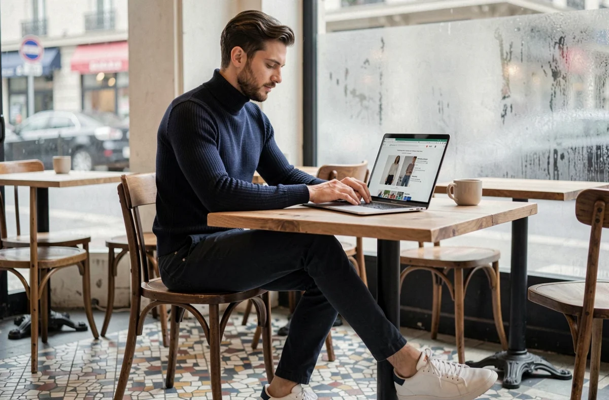Homme élégant consultant un site de tendances mode sur son ordinateur dans un café parisien minimaliste, portant un col roulé marine et des chinos sombres