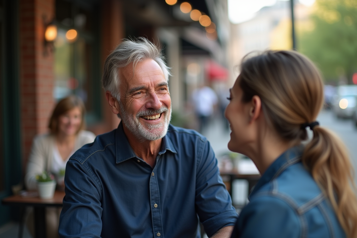 Homme mature riant avec un ami dans un café en ville