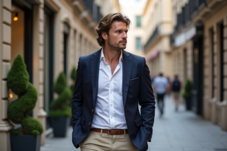 Homme élégant en blazer navy dans une rue urbaine