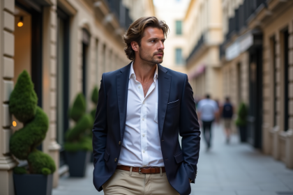 Homme élégant en blazer navy dans une rue urbaine