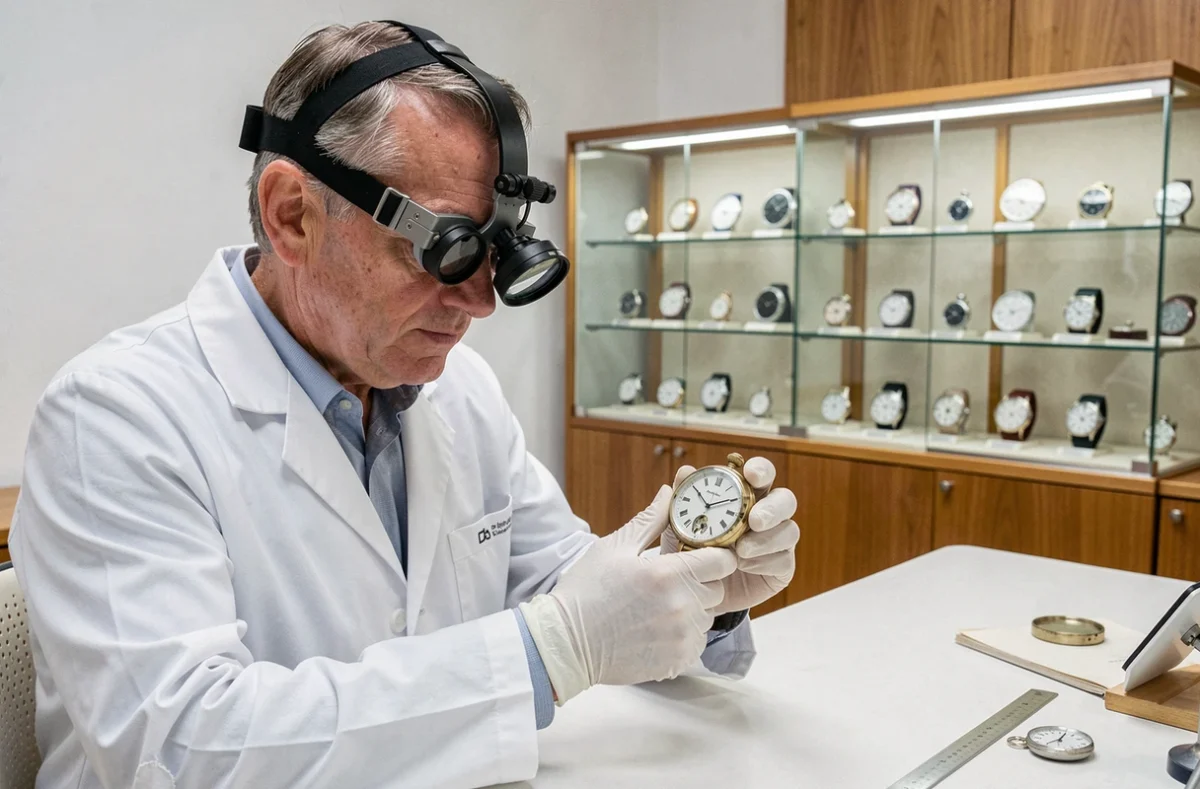 Horloger expert examinant une montre de poche rare avec loupe dans un atelier contemporain à Zurich