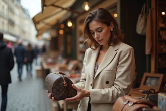 Femme inspectant un sac à main monogramme de luxe sur un marché aux puces parisien pour en vérifier l'authenticité
