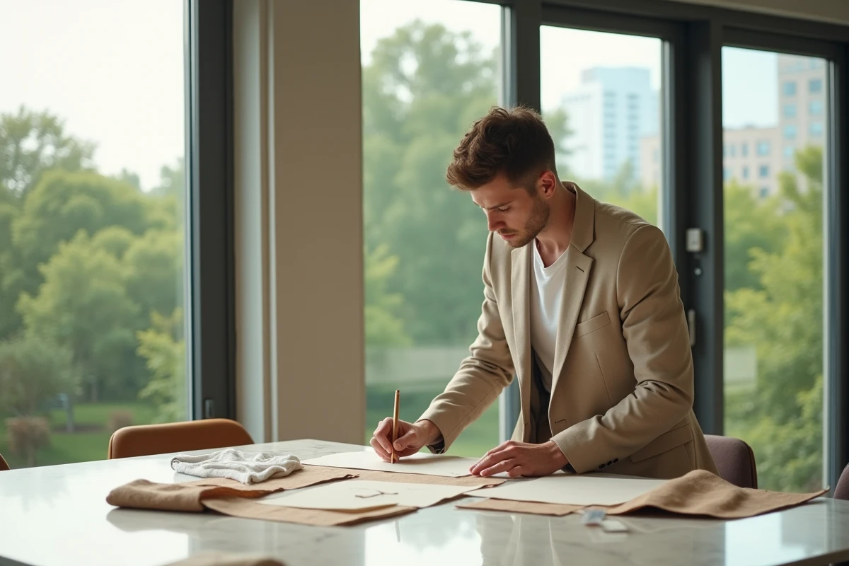 Jeune designer examine des tissus écologiques au studio