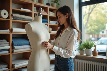 Jeune créatrice de mode ajustant un tissu dans son studio lumineux