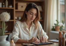 Maquillage : découvrez s’il contient du poisson ! Jeune femme examine une palette de maquillage dans un espace cosy