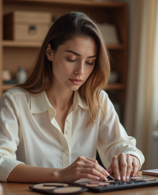 Maquillage : découvrez s’il contient du poisson ! Jeune femme examine une palette de maquillage dans un espace cosy
