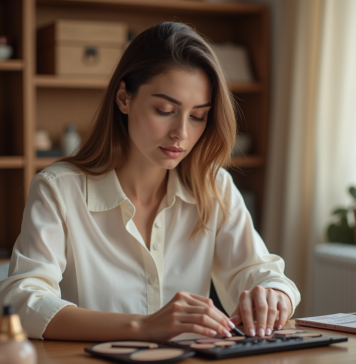Maquillage : découvrez s’il contient du poisson ! Jeune femme examine une palette de maquillage dans un espace cosy
