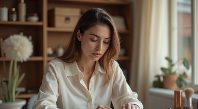 Maquillage : découvrez s’il contient du poisson ! Jeune femme examine une palette de maquillage dans un espace cosy