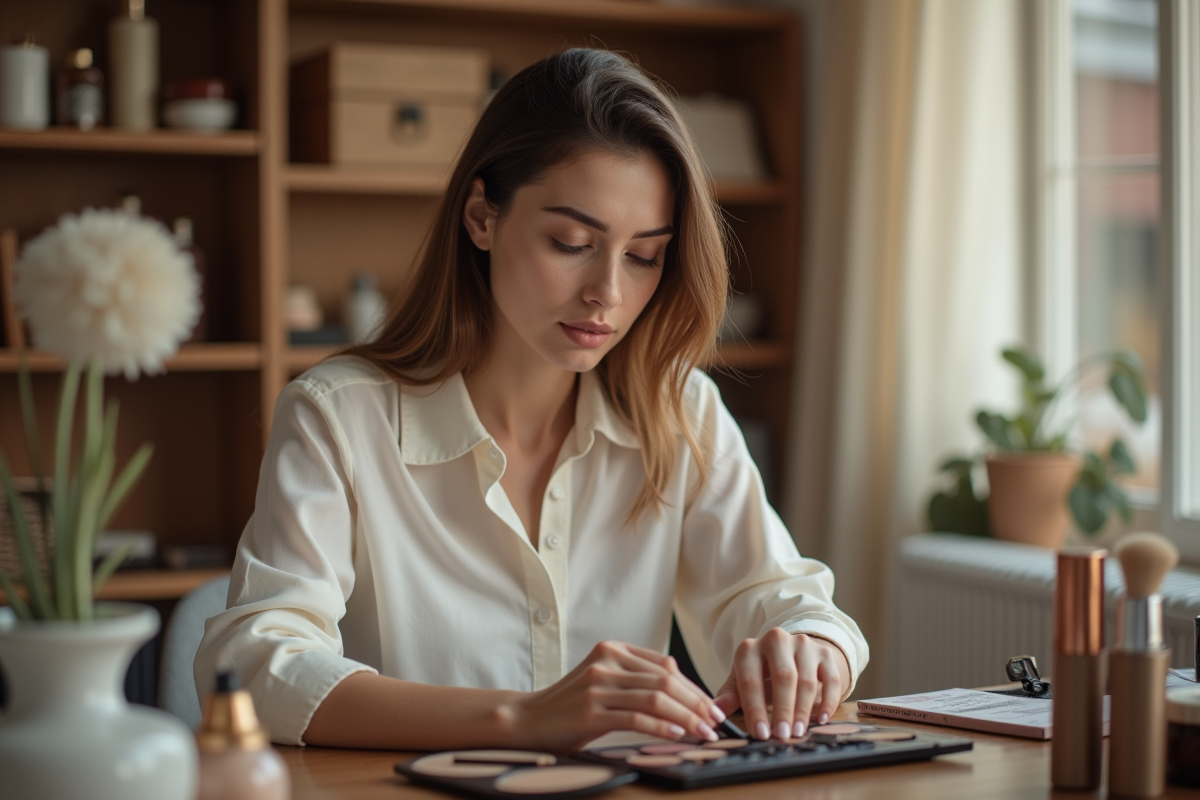 Jeune femme examine une palette de maquillage dans un espace cosy