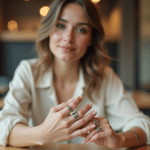 Jeune femme ajustant ses bagues tendance dans un café moderne