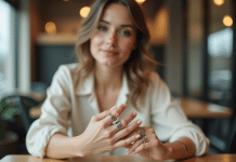 Jeune femme ajustant ses bagues tendance dans un café moderne