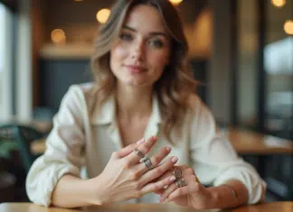 Jeune femme ajustant ses bagues tendance dans un café moderne